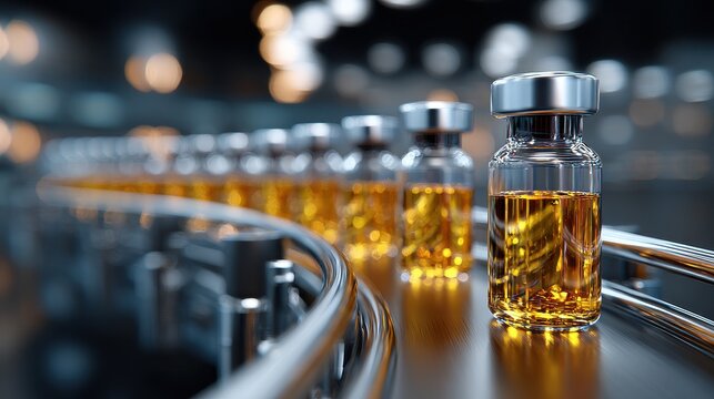Glass vials filled with amber liquid moving along a production line in a laboratory. Pharmaceutical manufacturing concept for medical research.