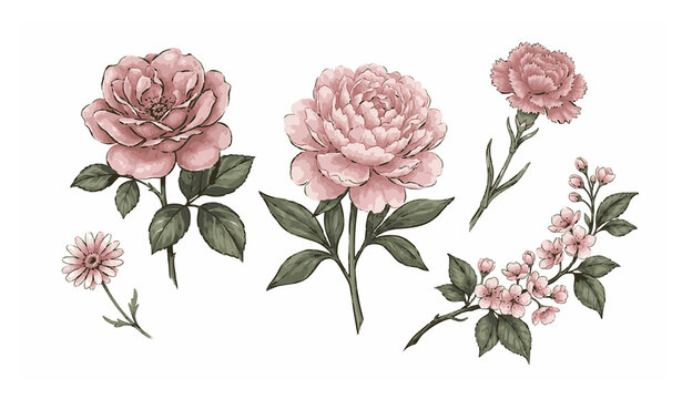 Untitled design - 2Romantic vintage pink floral vector collection with roses peonies and garden blossoms