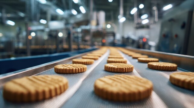 Golden cookies moving along a factory conveyor belt in bright industrial lighting. Perfect for food production and bakery marketing concepts.