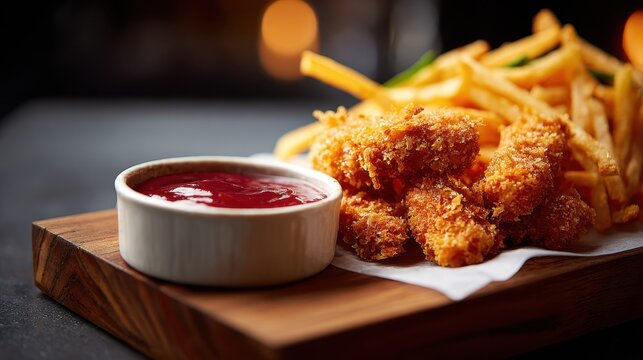 Golden crispy fried chicken tenders and french fries served with ketchup on a wooden board. Perfect fast food snack concept for restaurant menus.