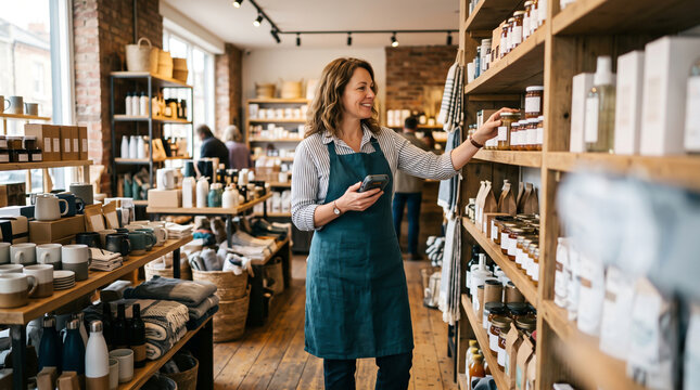 Woman shopping in a small business retail store browsing organic products on shelves