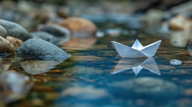 Handmade paper boat floating on a clear stream with pebbles and water reflection. Conceptual image for journey and hope.