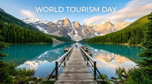 World Tourism Day banner with majestic mountain landscape and turquoise lake reflection