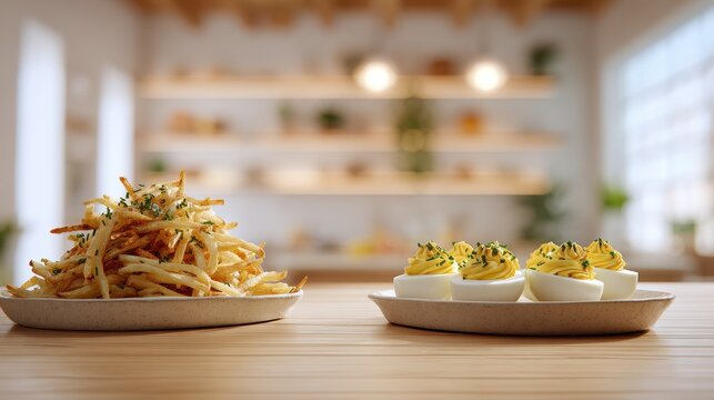 Plate of french fries and deviled eggs served on a rustic wooden table in a restaurant kitchen. Delicious appetizer concept for dining ads.