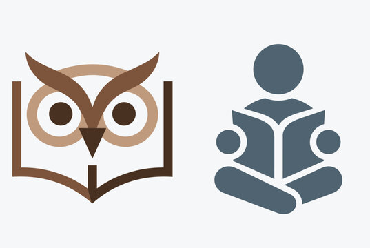 Creative education logos showing owl shaped book and a simplified reading person represents knowledge and study.