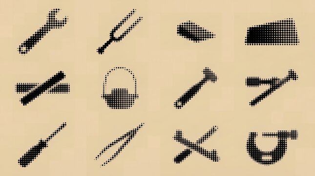 Abstract hardware icons rendered in high contrast large dot halftone pattern for graphic design.
