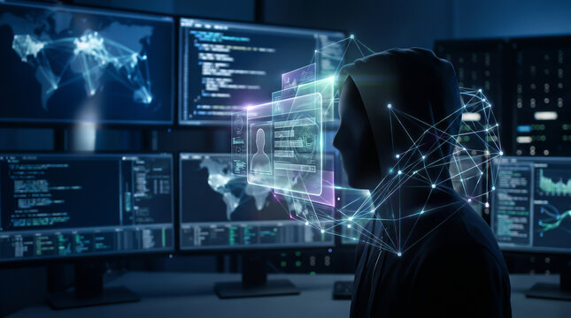 Hooded hacker surrounded by multiple computer screens displaying code and network data