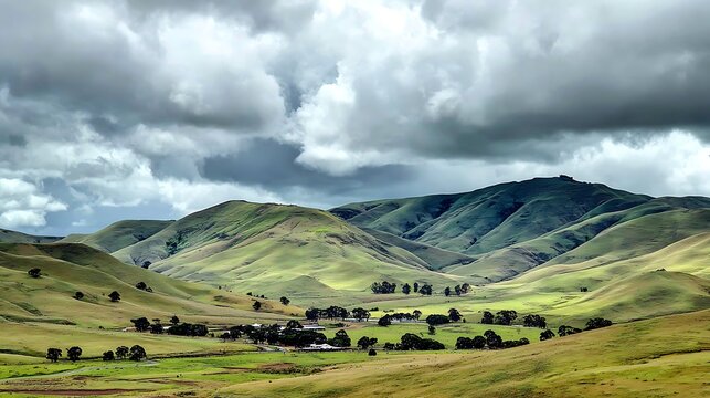 Rolling green hills under dramatic cloudy sky