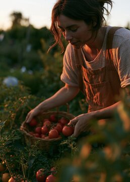 Young woman in an orange apron picking tomatoes in a garden. she is standing in a field of tomato plants and is holding a basket full of freshly picked tomatoes.