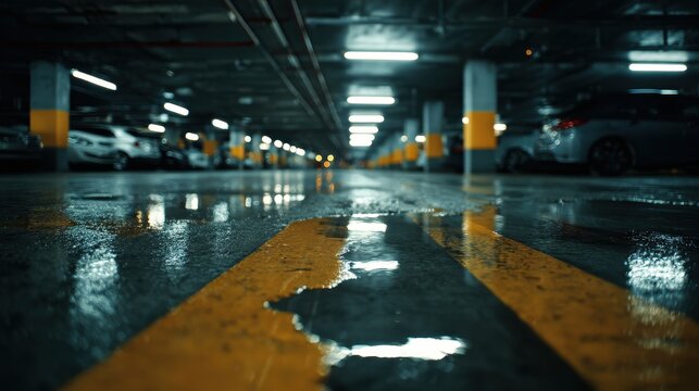 Wet concrete floor reflecting overhead lights in a modern underground parking garage. Great for urban and architecture background textures.
