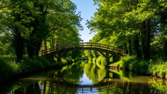 Serene Wooden Footbridge Arching Over a Peaceful Green Canal Surrounded by Lush Deciduous Trees in a Vibrant Spring Landscape