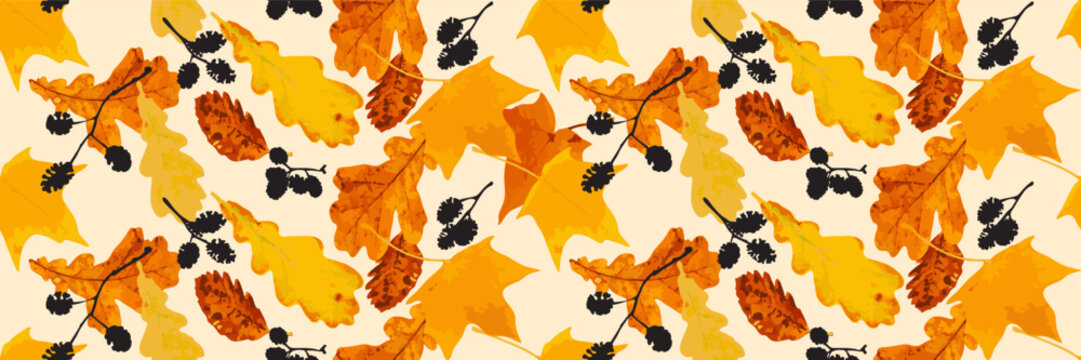 Autumn leaves seamless pattern, oak tree foliage vector background