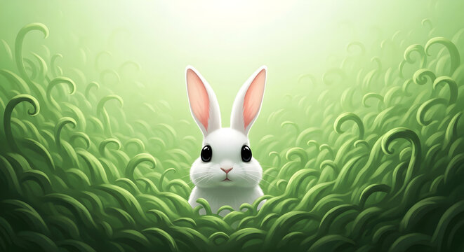 A Cute White Rabbit Sitting Amidst Lush Green Grass in a Peaceful Springtime Meadow Landscape Illustration