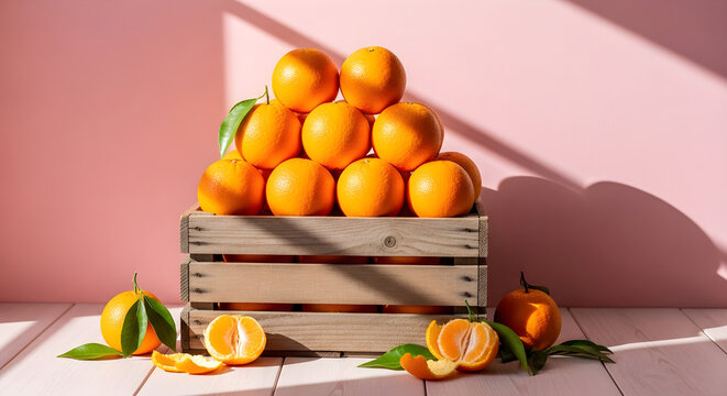 Fresh Oranges Stacked in a Wooden Crate Against a Pink Background for Healthy Nutrition and Refreshing Citrus Fruit Still Life Photography Concept