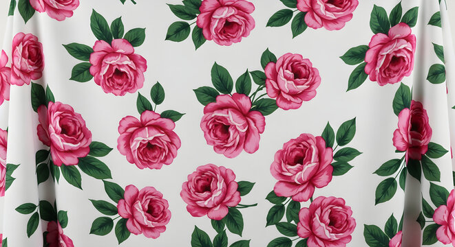 Elegant Pink Rose Floral Pattern Fabric Texture featuring Delicate Blooming Flower Petals on White Background