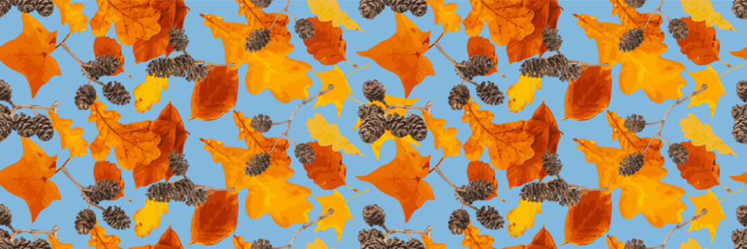 Autumn leaves seamless pattern, oak tree foliage vector background