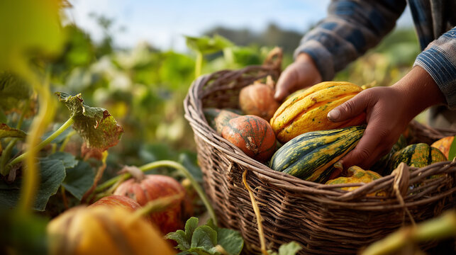 Hands collecting colorful squash and pumpkins into a wicker basket in a vegetable garden, surrounded by autumn crops, representing harvest season, organic farming, gardening and fresh produce.