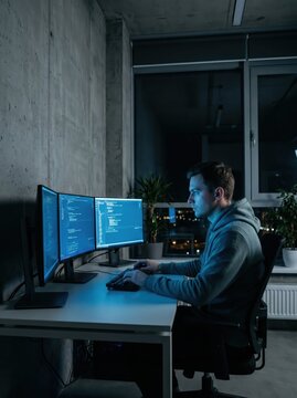 caucasian programmer writing code on multiple monitors in dark room at night. software developer working late on computer. it industry, cybersecurity, hacking concept. city lights outside window.