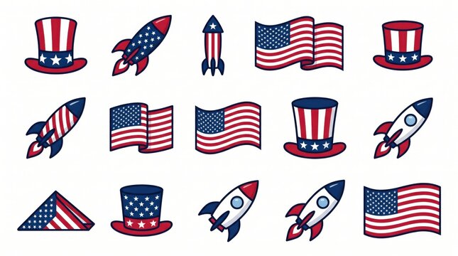 Patriotic themed icon set with showcases collection fifteen fifteen stylized vector