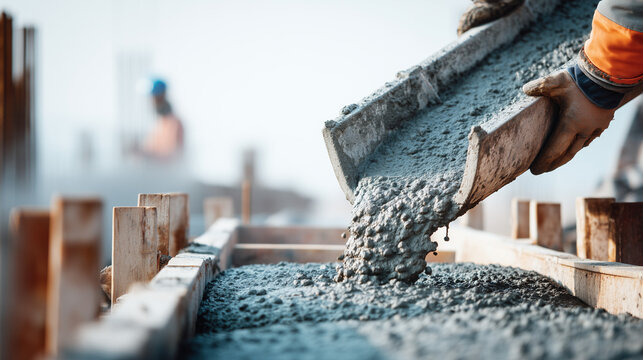 Fresh concrete being poured into a building foundation from a construction chute, highlighting structural engineering, concrete work, infrastructure and professional construction processes.