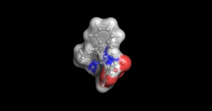 Labetalol, combined alpha and beta blocker medication used to manage hypertension and hypertensive emergencies, 3D molecule spinning, 4K