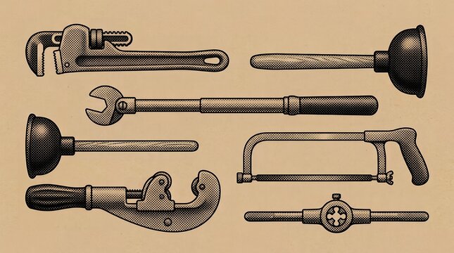 Detailed halftone illustrations of heavy duty plumbing and mechanical pipe repair tools.