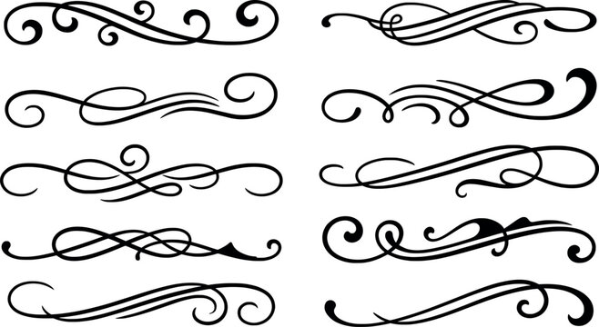 Set of vintage calligraphic dividers and flourishes for page decoration, elegant swirl ornaments for invitations and greeting cards