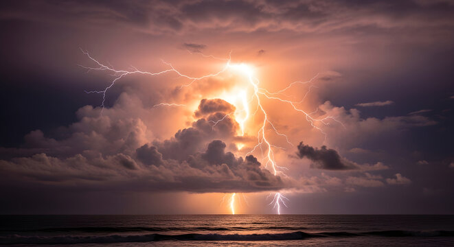 Dramatic atmospheric lightning storm strike over the dark ocean horizon at night featuring powerful electrical discharge in heavy clouds