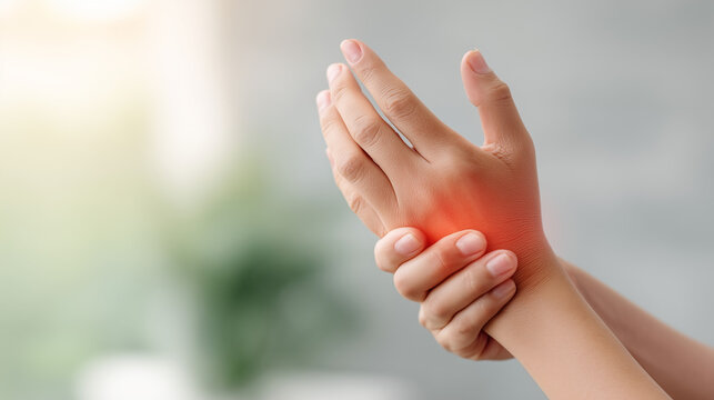 Close-up of hands supporting a painful wrist with a red highlighted joint area, symbolizing arthritis, inflammation, injury, mobility problems and musculoskeletal healthcare.