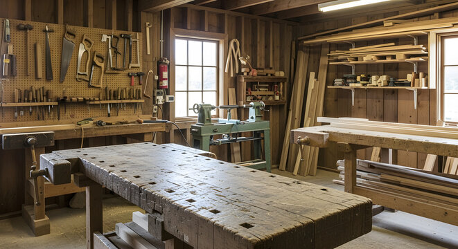 Interior view of a traditional rustic woodworking carpentry workshop featuring a heavy wooden workbench tools and timber planks for craft projects