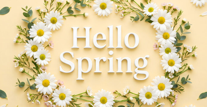 Hello spring typography surrounded by delicate white daisies and fresh green foliage