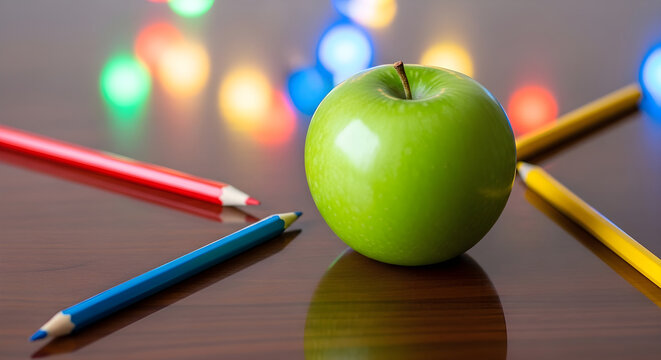 Fresh Green Apple Surrounded by Vibrant Colored Pencils on a Reflective Surface with Bokeh Lighting for Artistic Education Concept