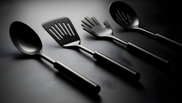 Set of black kitchen utensils featuring a solid spoon a slotted spatula a unique hand shaped server and a perforated ladle on dark surface