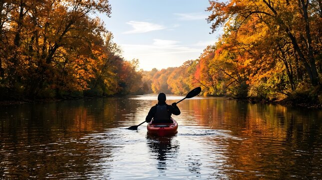 Silhouette of kayaker paddling down a river surrounded by autumn foliage and golden light