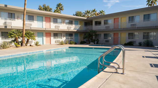 Retro motel with colorful doors and swimming pool in desert landscape. Mid century modern architecture design for summer travel vacation. Classic roadside hotel building exterior.