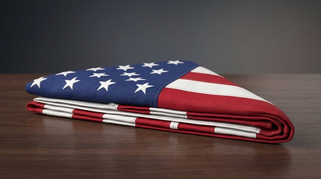 Folded ceremonial national flag resting upon a polished wooden table surface