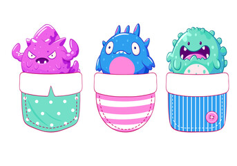Fototapeta premium Pocket-sized monster friend. Baby badge with little monsters in pocket. Kit of childish print with of cute kawaii baby dragon. Can be used for t-shirt, sticker, badge, card design. Vector EPS 8