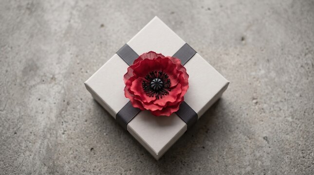 Minimalist gift box wrapped with dark ribbon and red fabric flower ornament