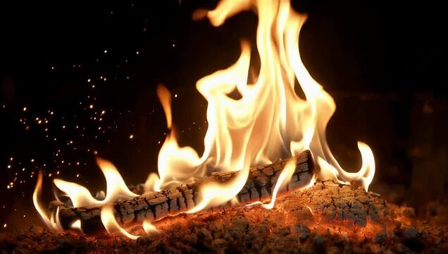 Spectacular 4K macro b-roll captured at an ultra-high frame rate showcasing a raw blazing inferno of brilliant orange flames twisting and pulsing against a deep black void to capture explosive