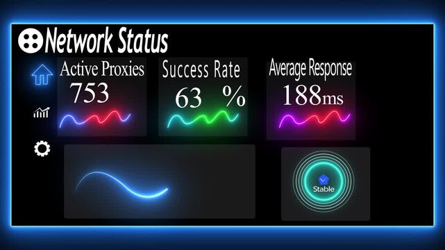 Network status dashboard interface with real-time proxy performance metrics and data analytics visualization
