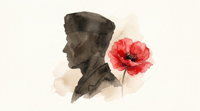 Watercolor silhouette of soldier profile beside vibrant red poppy remembrance flower