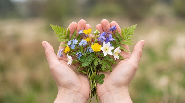 Person holding a delicate bouquet of wildflowers and ferns in cupped hands