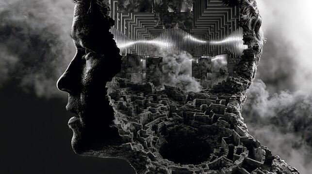 Prompt: The ultimate masterclass Vogue-style dark conceptual landscape of the human psyche. A breathtaking double exposure where a solid, razor-sharp side-profile human head silhouette is flawlessly 