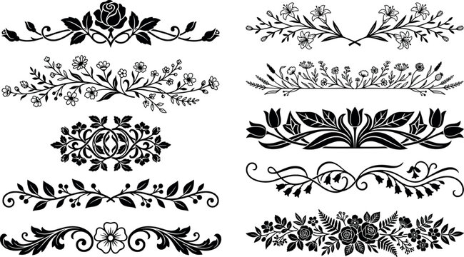 Set of floral dividers and flourishes with roses, lilies, and tulips, decorative botanical ornaments for wedding stationery