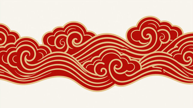 Elegant red and gold cloud ornament pattern on a clean background, prosperity symbolism, traditional Asian design, lunar celebration, good fortune, cultural heritage, decorative