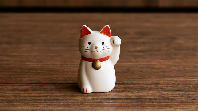 Traditional Japanese lucky cat figurine displayed on a rustic wooden table, one raised paw, soft natural light, prosperity symbol, Asian culture, Japanese tradition, good fortune,