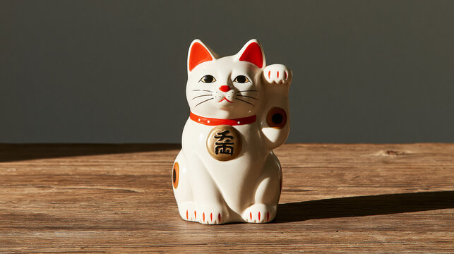 Traditional Japanese lucky cat figurine displayed on a rustic wooden table, one raised paw, soft natural light, prosperity symbol, Asian culture, Japanese tradition, good fortune,