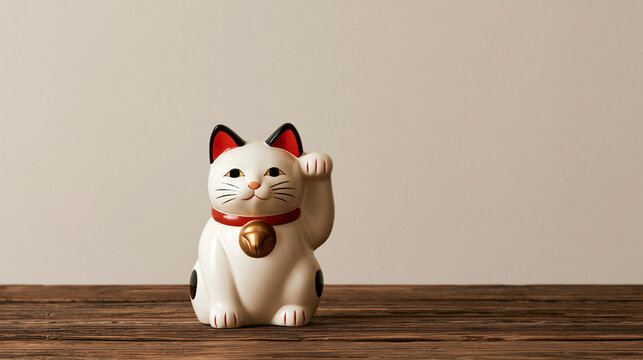Traditional Japanese lucky cat figurine displayed on a rustic wooden table, one raised paw, soft natural light, prosperity symbol, Asian culture, Japanese tradition, good fortune,