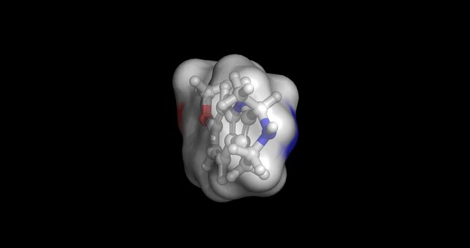 Tetrahydroharmine (THH), beta-carboline alkaloid that inhibits MAO and serotonin reuptake to prolong psychoactive effects in Ayahuasca, 3D molecule 4K spinning