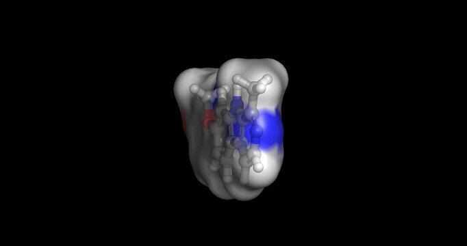 Harmine, beta-carboline alkaloid and reversible MAO inhibitor found in Ayahuasca, 3D molecule spinning, 4K